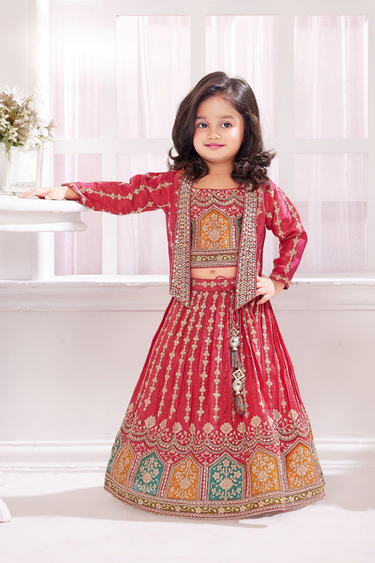 Rani Pink with Multi-Colors Embroidered Jacket Lehenga Set