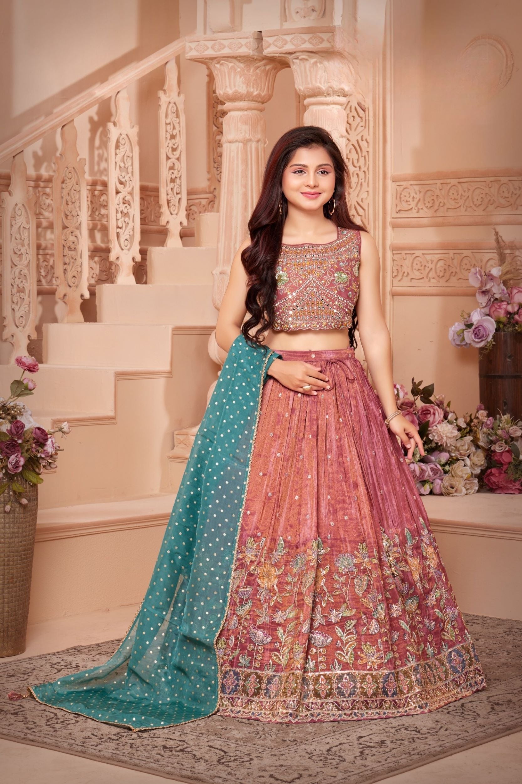 Rust Pink - Velvet Embroidered Lehenga with Teal Green Dupatta