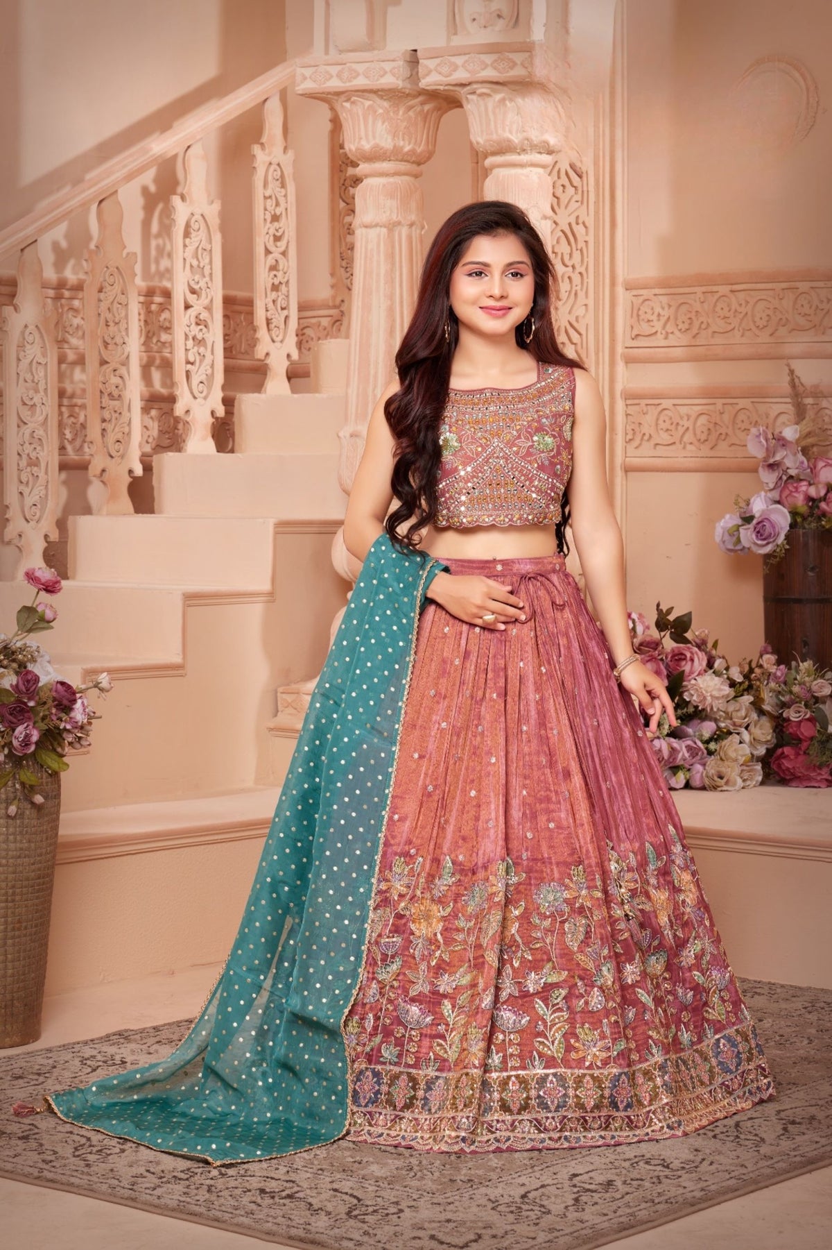 Rust Pink - Velvet Embroidered Lehenga with Teal Green Dupatta