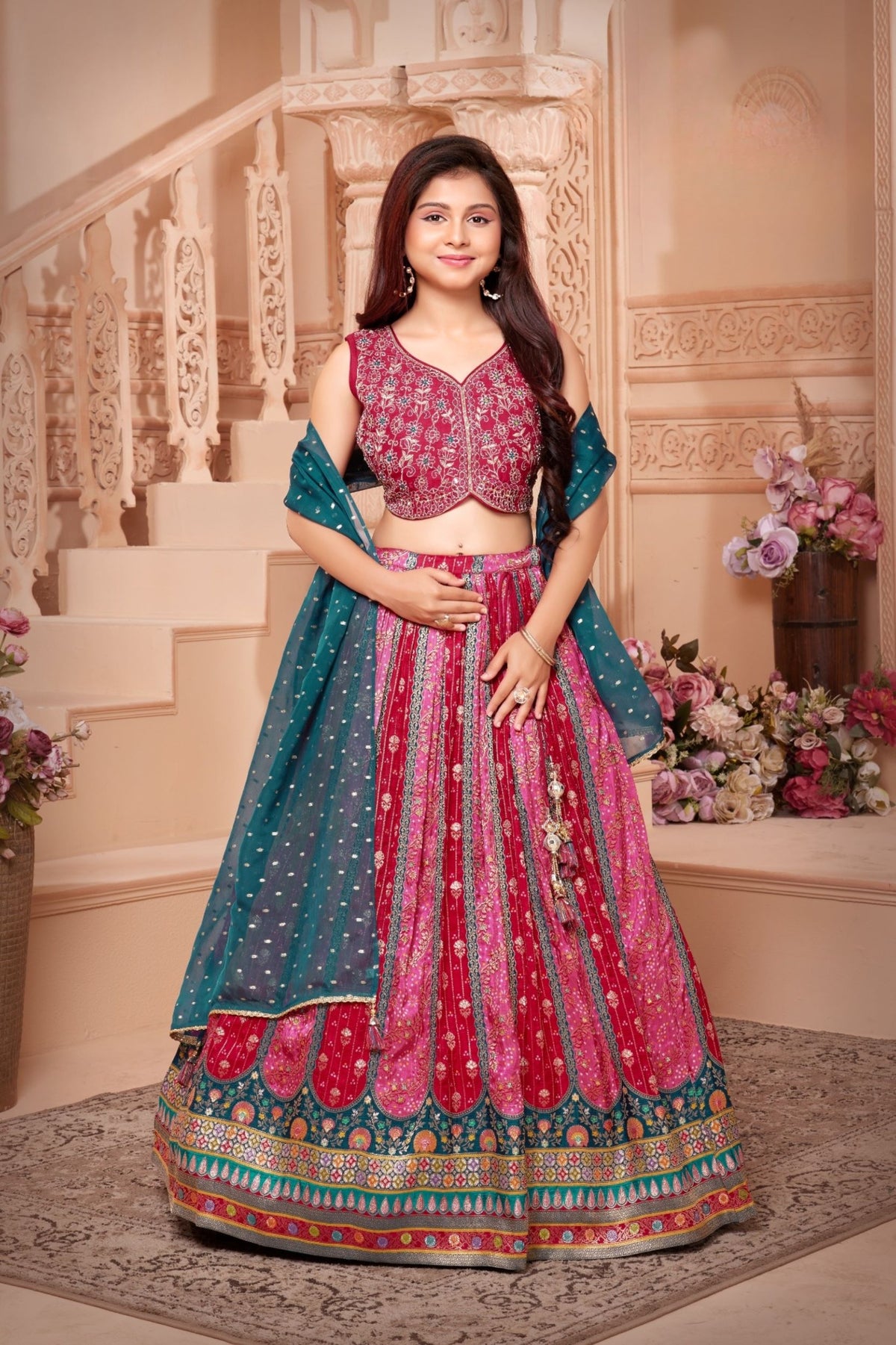 Pink & Teal-Royal Radiance Mirror Work Lehenga Set