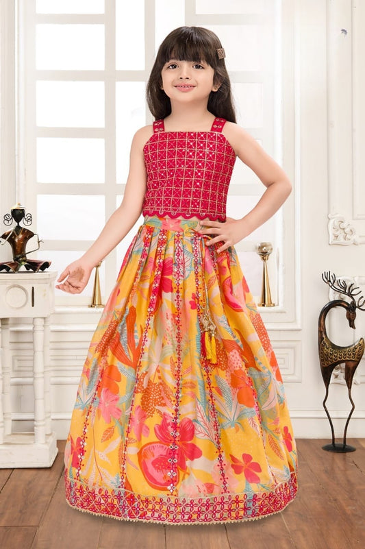 Cherry Red with Multicolor -Mirror Work Floral Lehenga Set