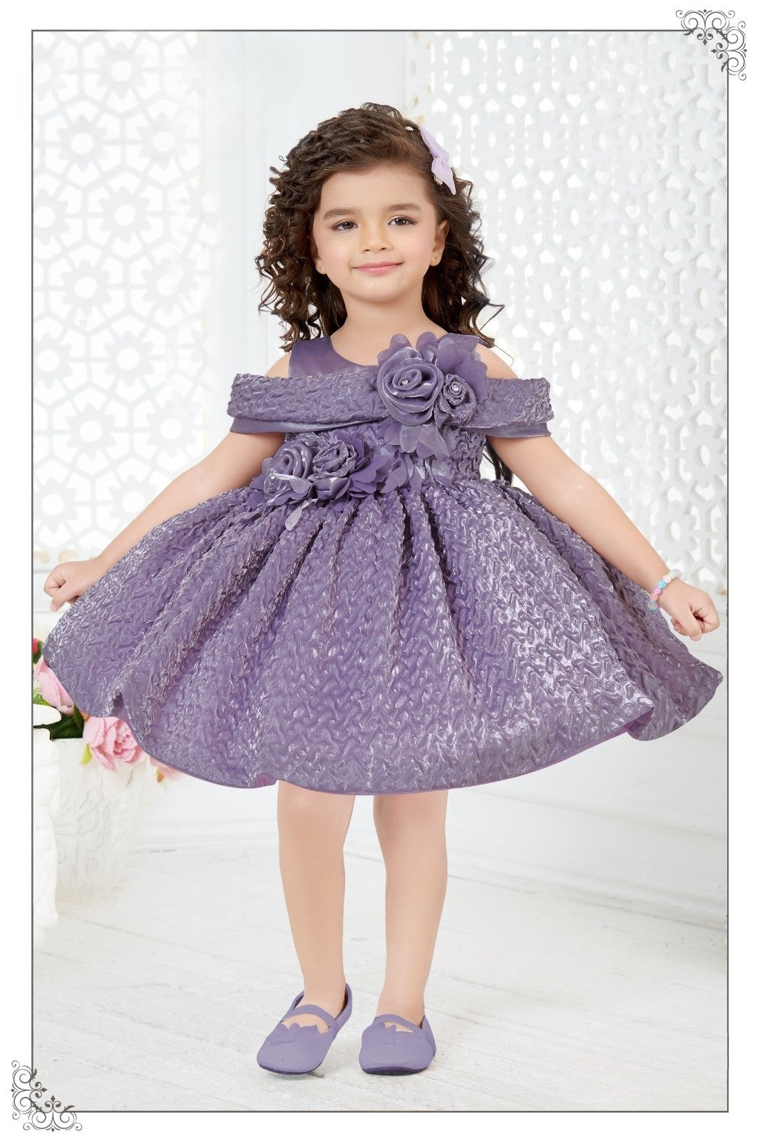 Lavender Rosette - Off-Shoulder Party Short Frock
