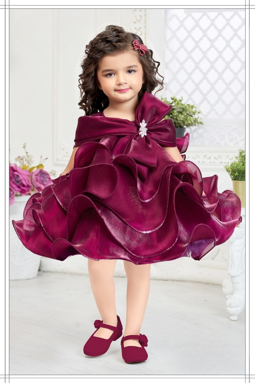 Wine Satin Organza -Sculpted Ruffle Short Frock