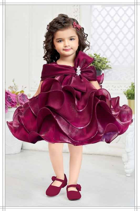 Wine Satin Organza -Sculpted Ruffle Short Frock