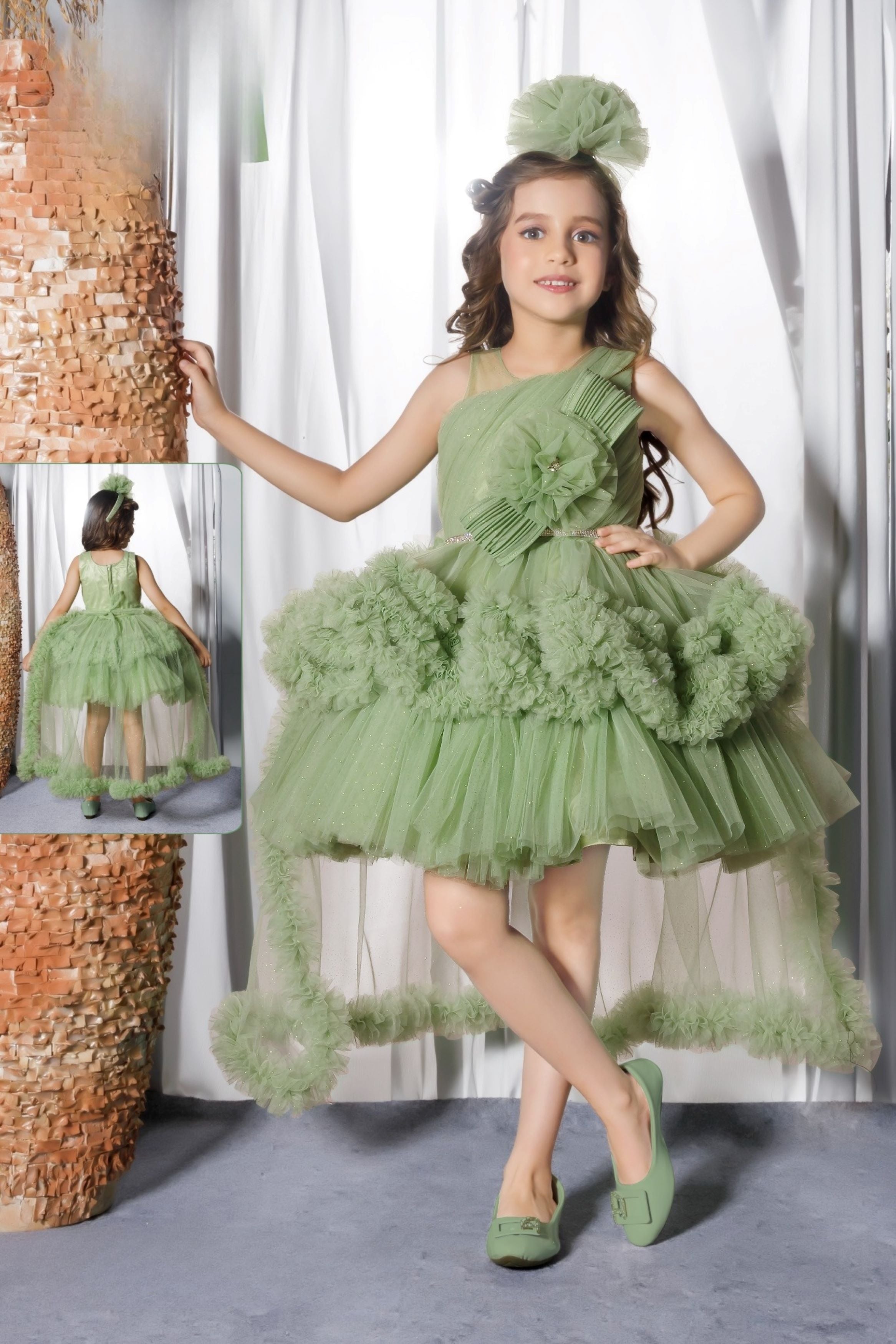 Pista Green -3D Flora Cape Short frock