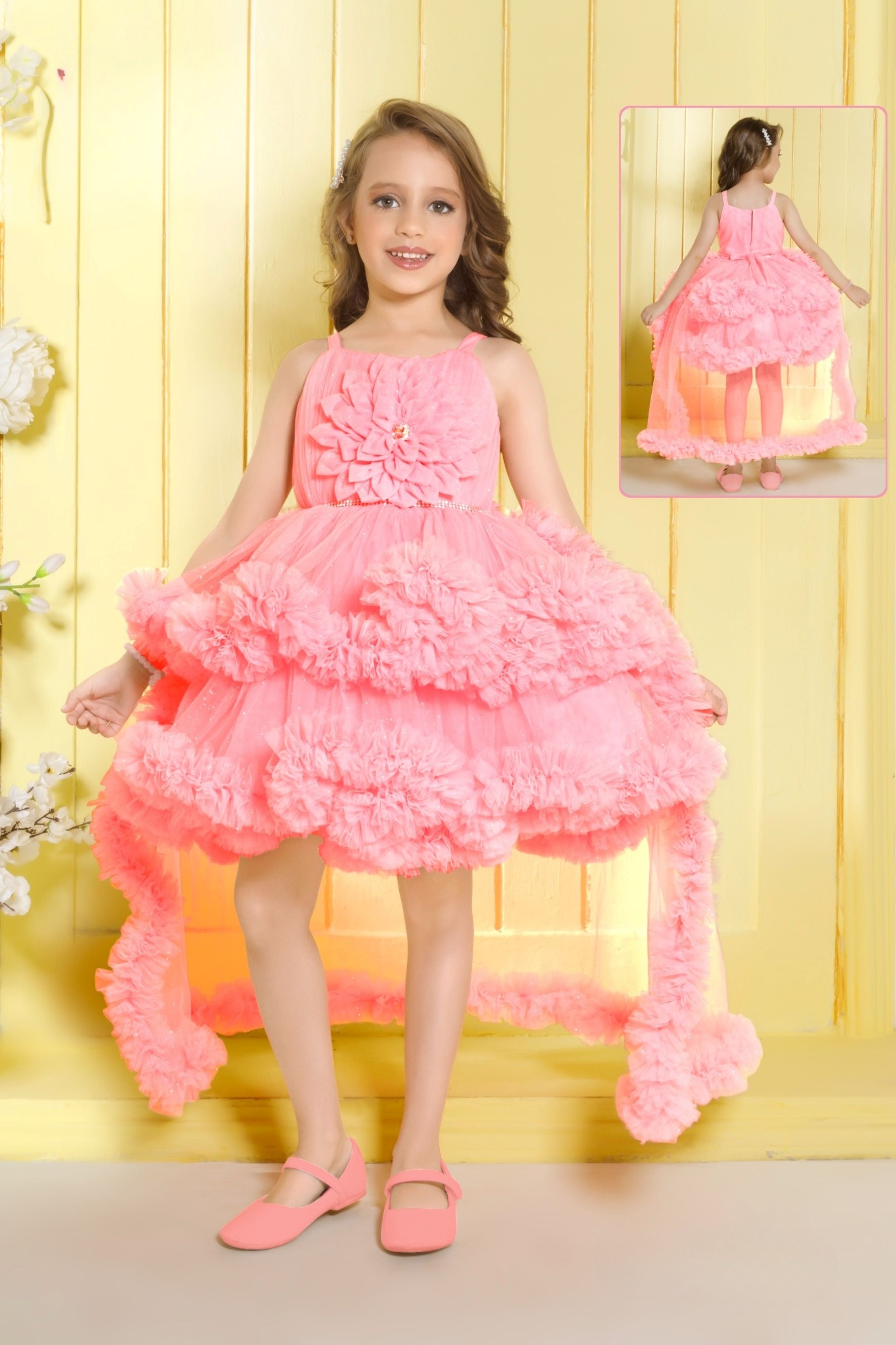 Peach - Fluffy Layered Trail Short Frock