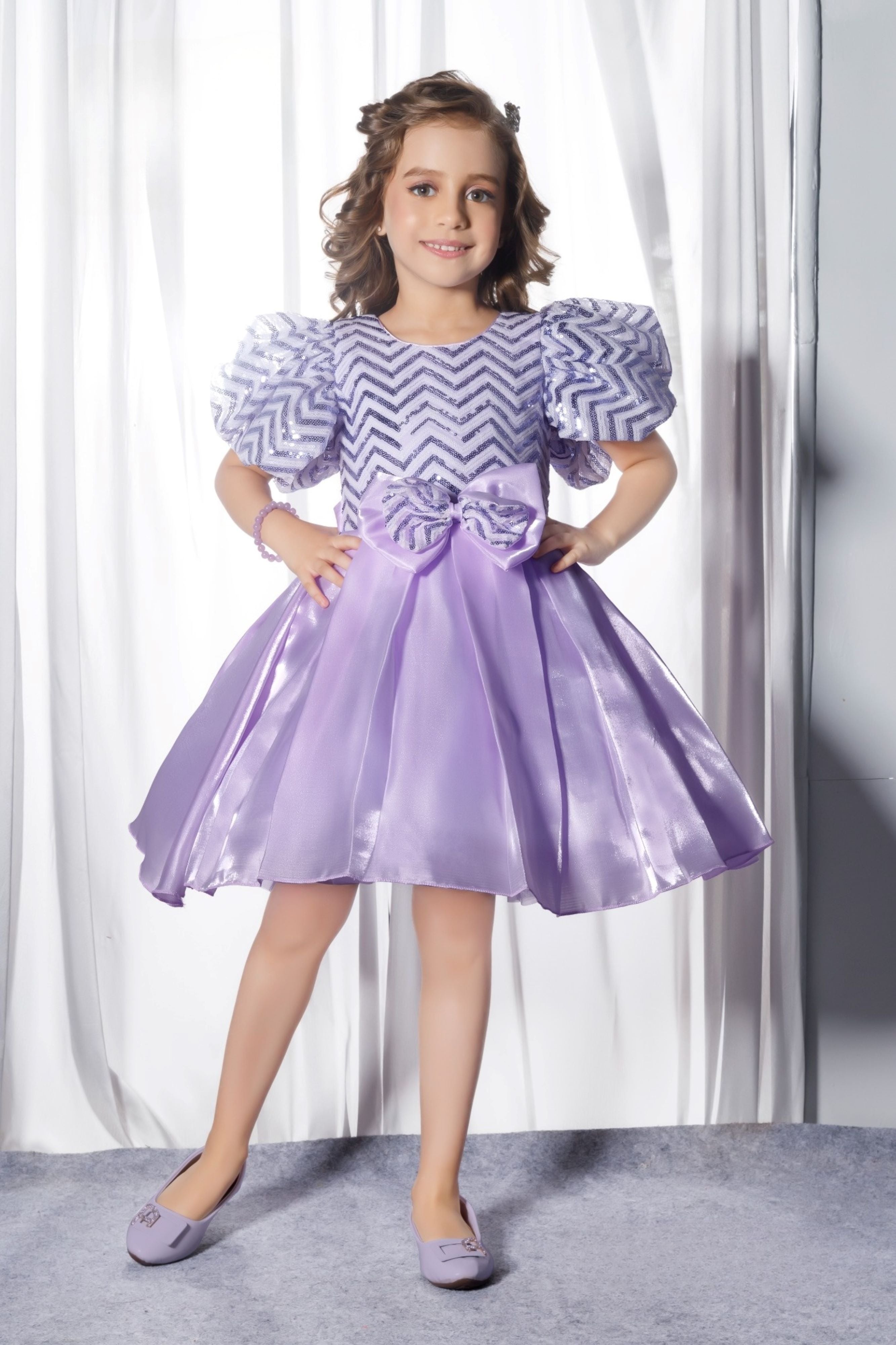 Purple -Puff Sleeve Bow Short Frock