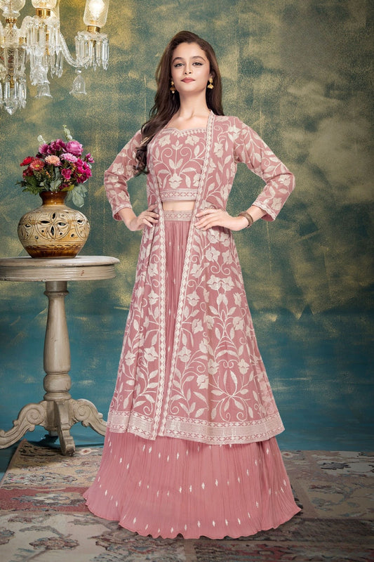 Rose Pink -Gulbahar Embroidered Layered Lehenga  Set