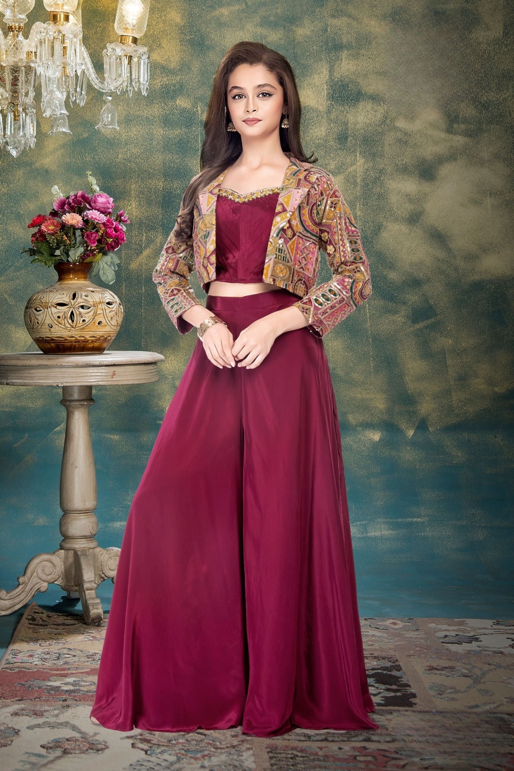 Deep Maroon - Zayra Mirror Work Palazzo Set