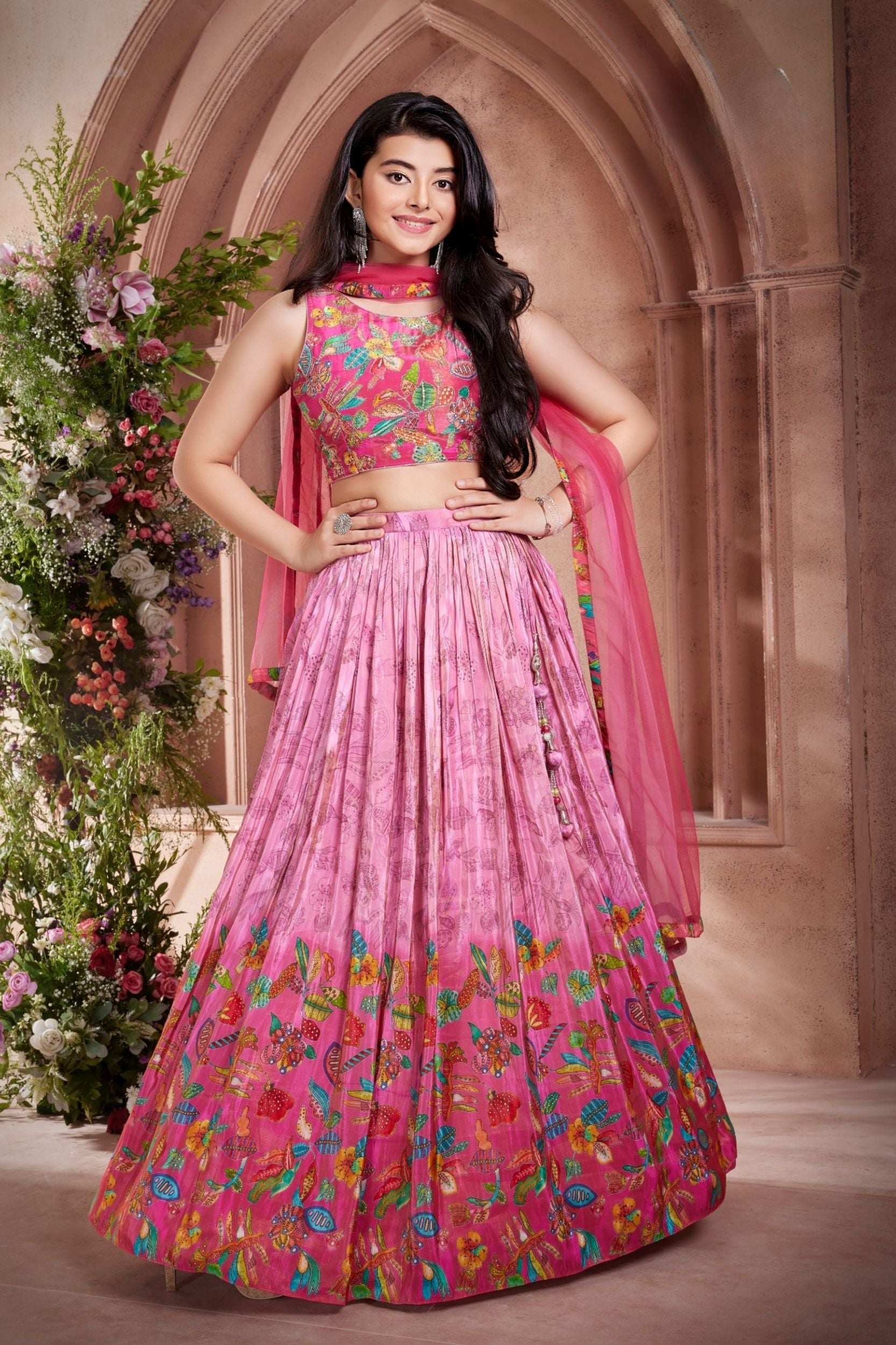 Pink - Floral Embroidered Lehenga Set