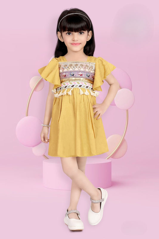 Mustard Yellow -Mirror Tassel Short  Frock