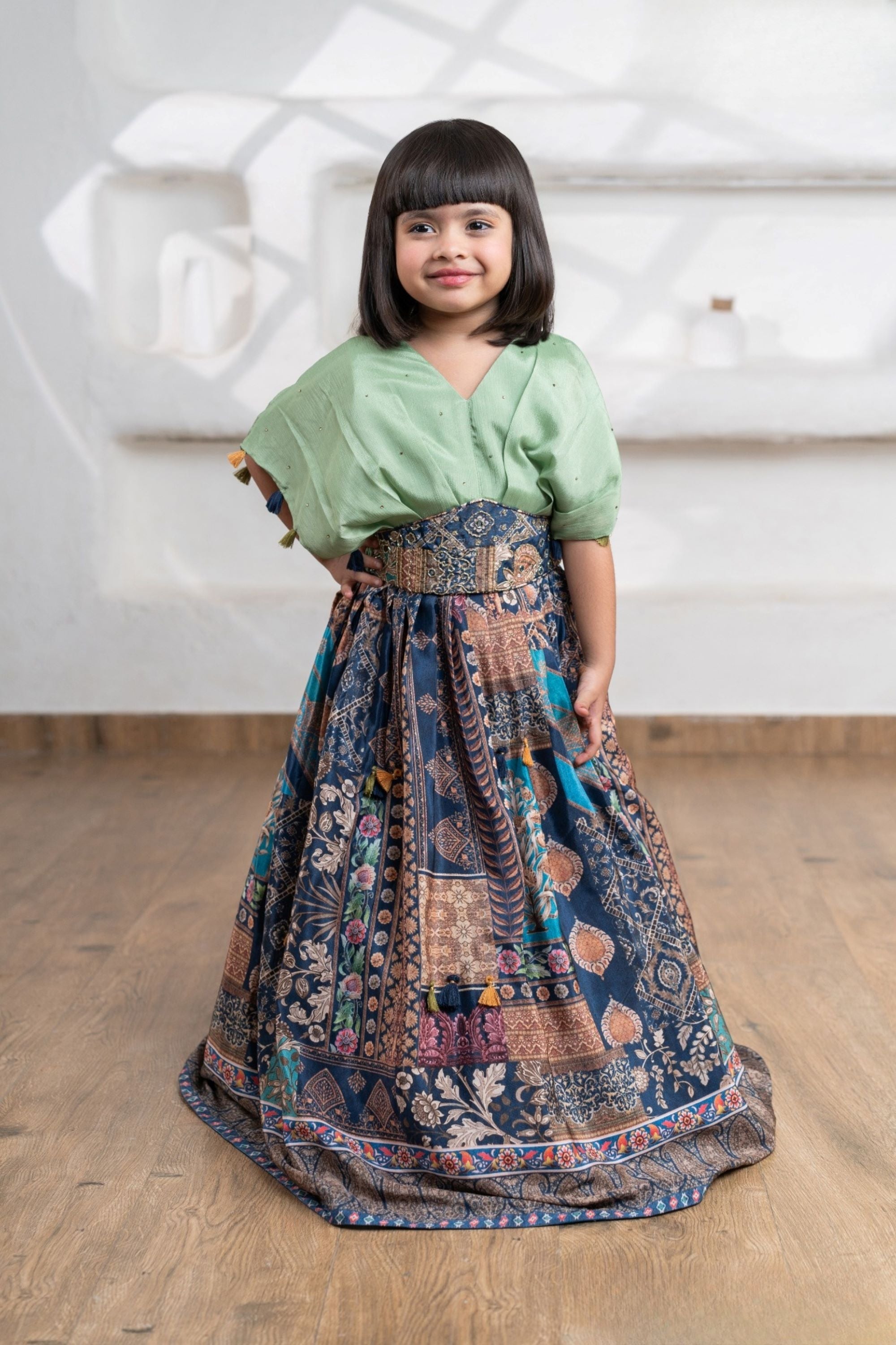 Mint Green - Royal Indigo Print Lehenga Set