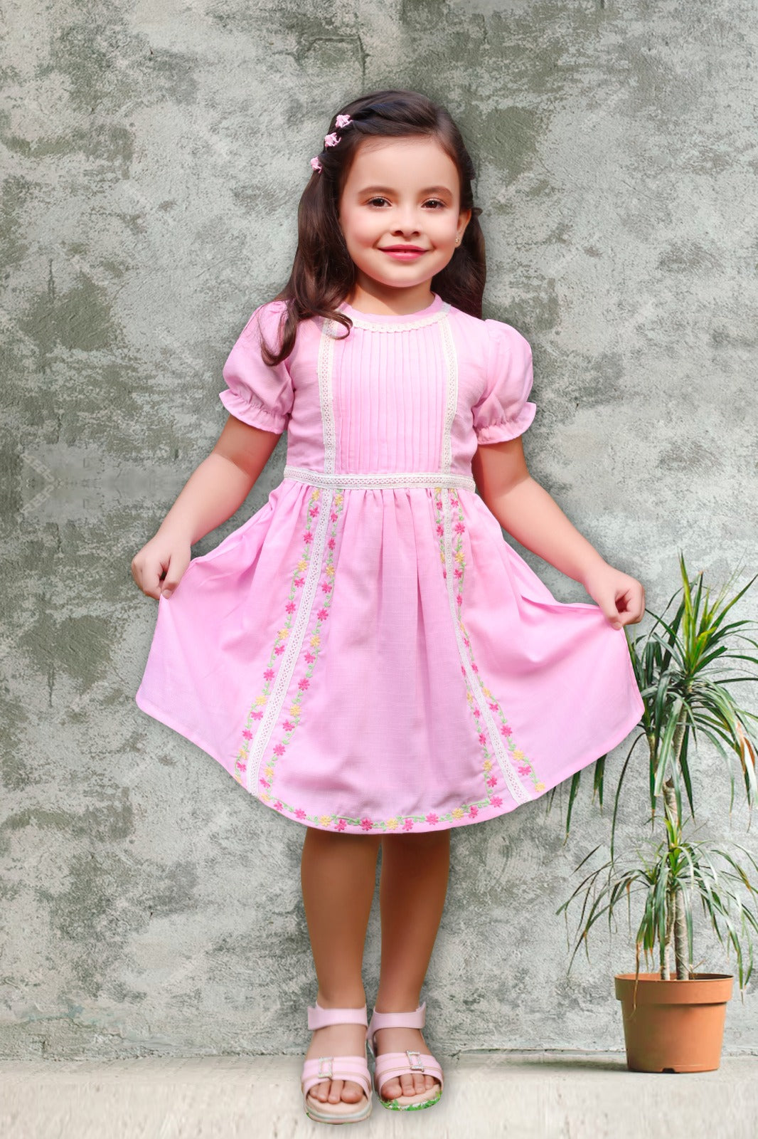 Baby Pink-Zinnia Blossom Pintuck Short Casual Frock