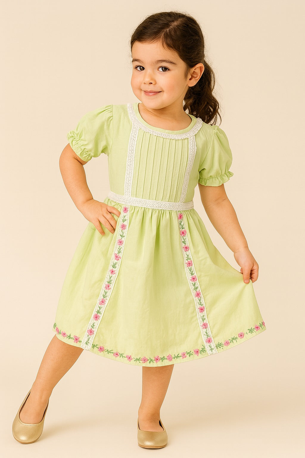 Pistachio Green-Spring Garden Pintuck Short Casual Frock