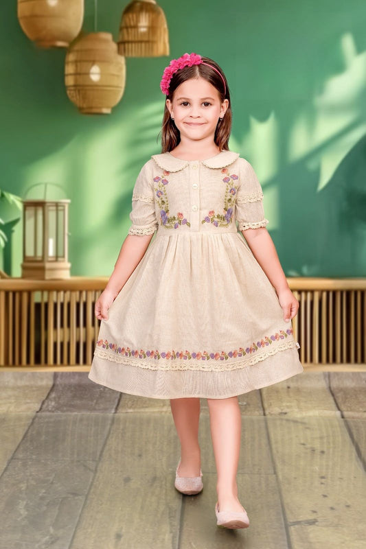 Cream Beige-Vintage Blossom Button Short Casual Frock