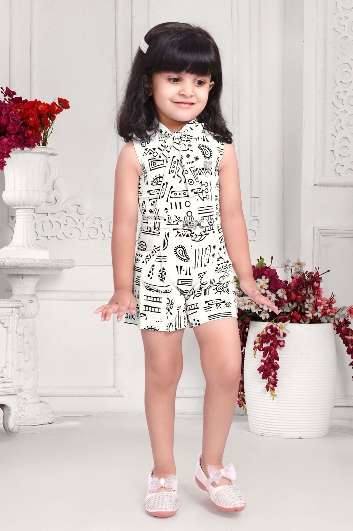 White & Black-Tribal Sketch Collar Jump Suit