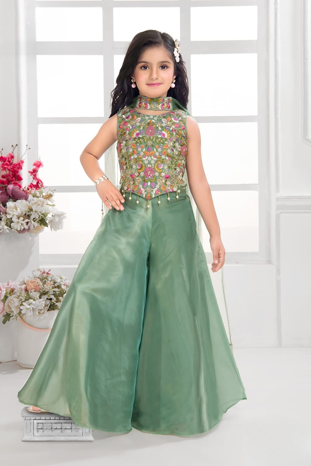 Olive Green-Floral Royale Palazzo Indo Western  Set