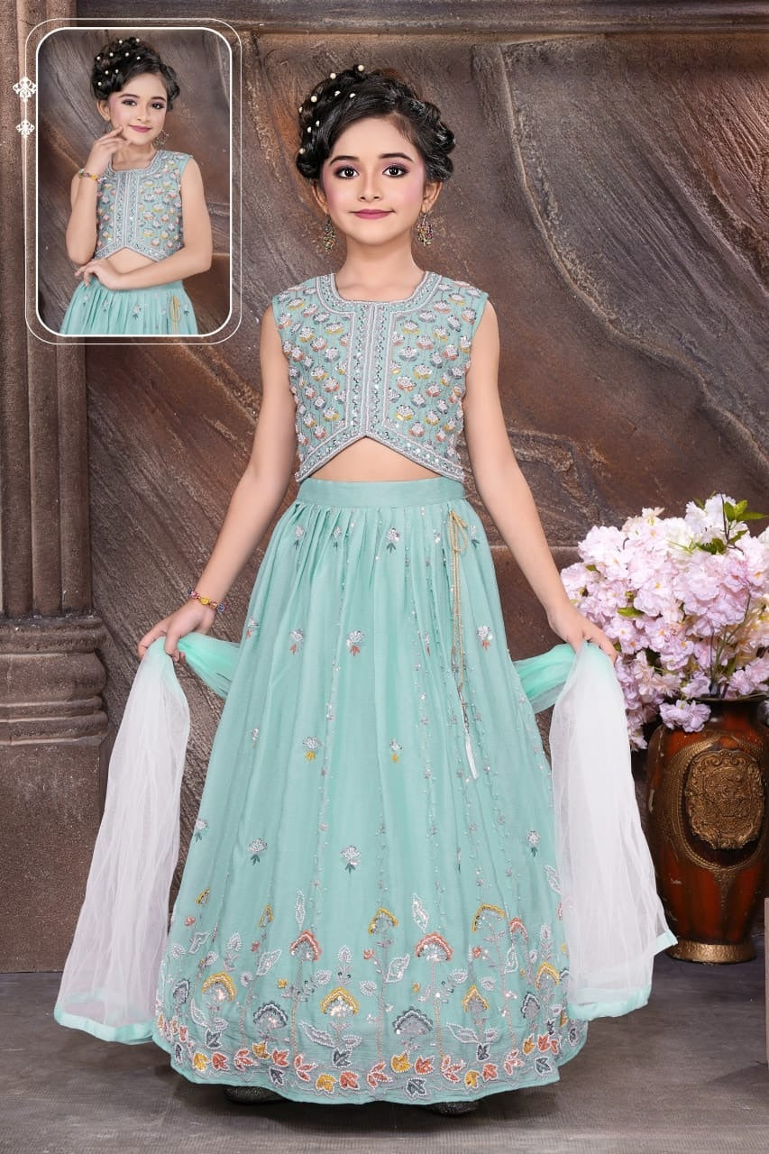 Ferozi Green with Multicolour Thread Embroidered Lehenga Set