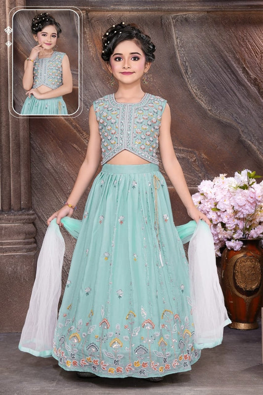 Ferozi Green with Multicolour Thread Embroidered Lehenga Set