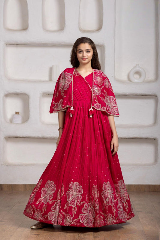 Rani Pink Floral Embroidered Gown with Cape