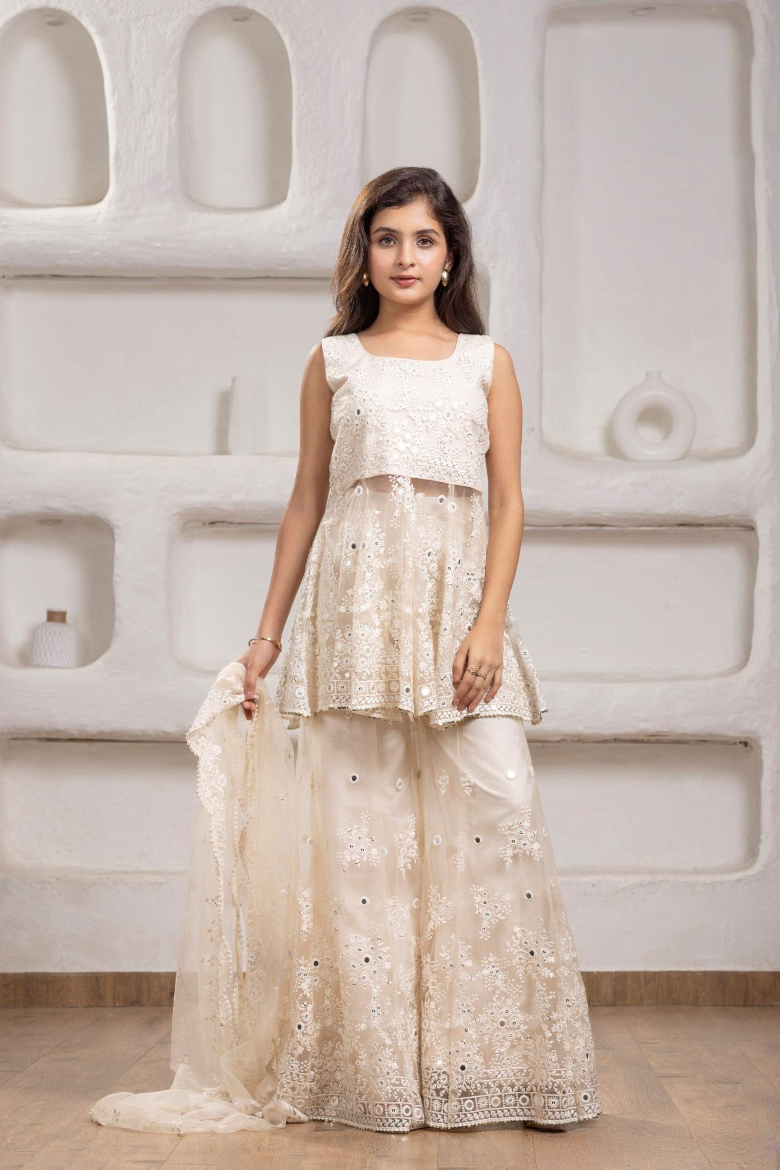 Cream Mirror Work Sharara Set