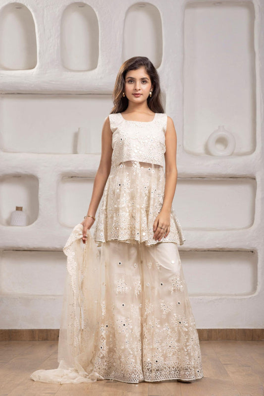 Cream Mirror Work Sharara Set