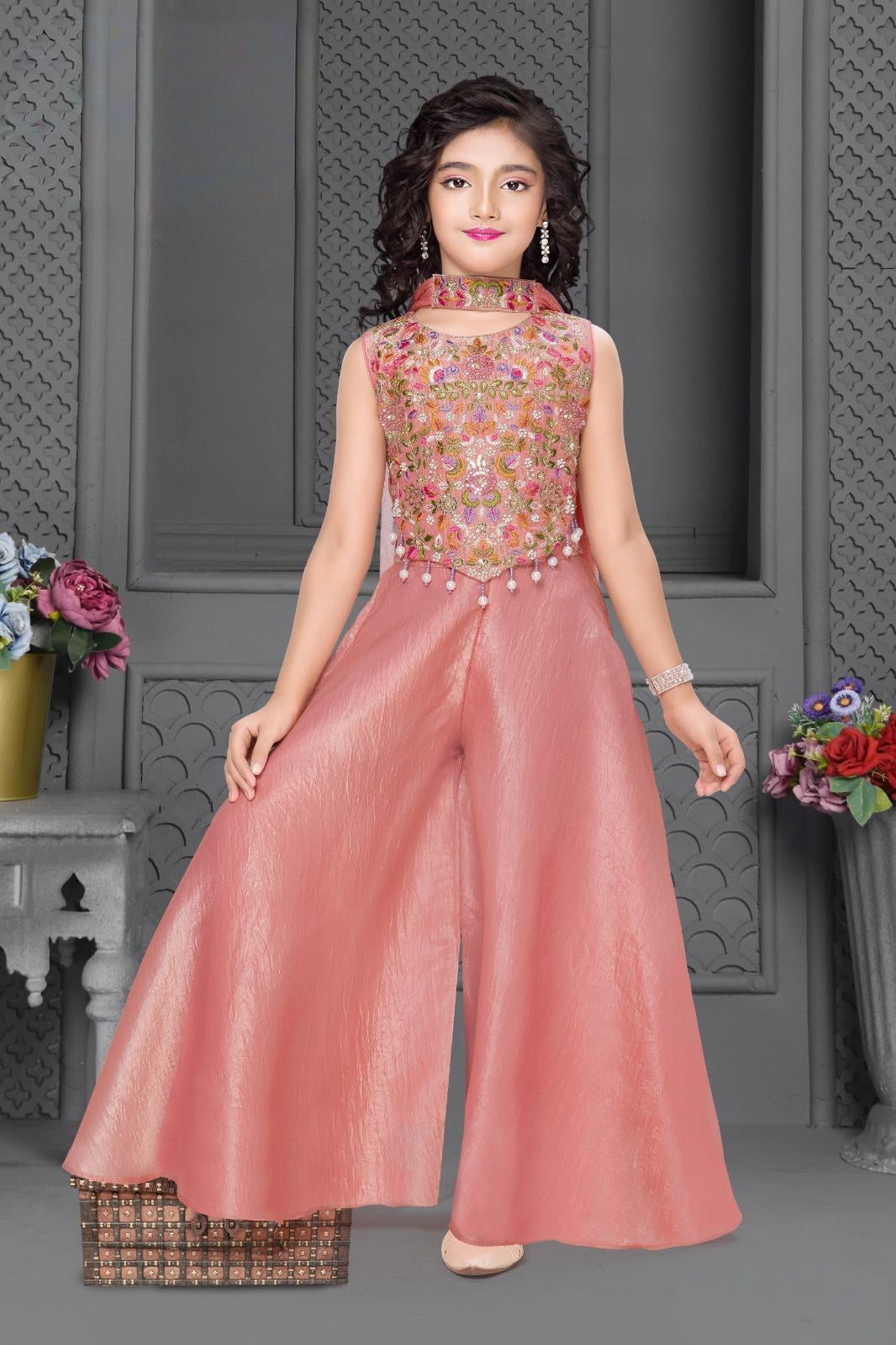 Peach Embroidered Crop Top with Palazzo Pants