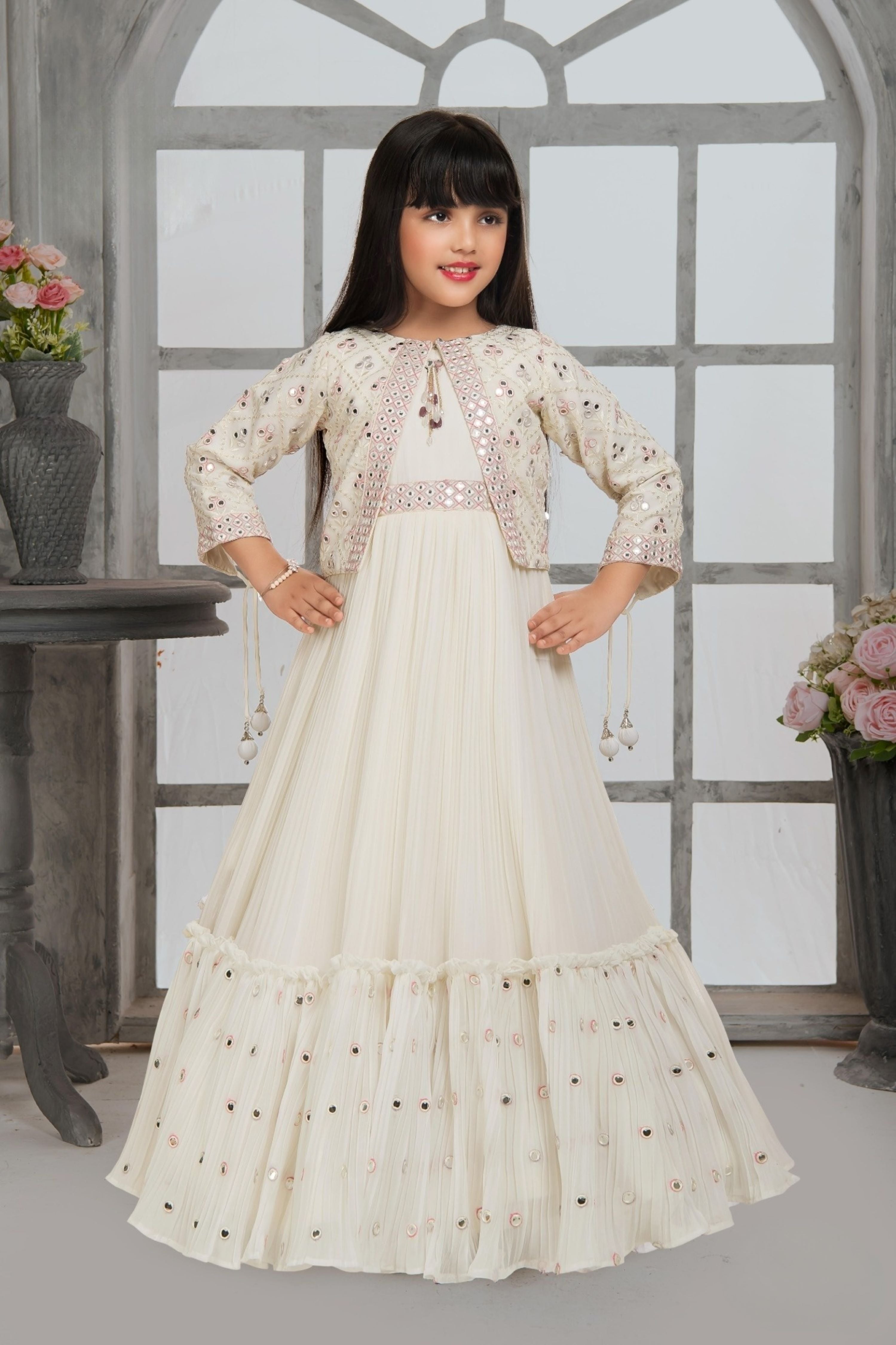 Cream Embroidered Gown with Mirror Work Jacket