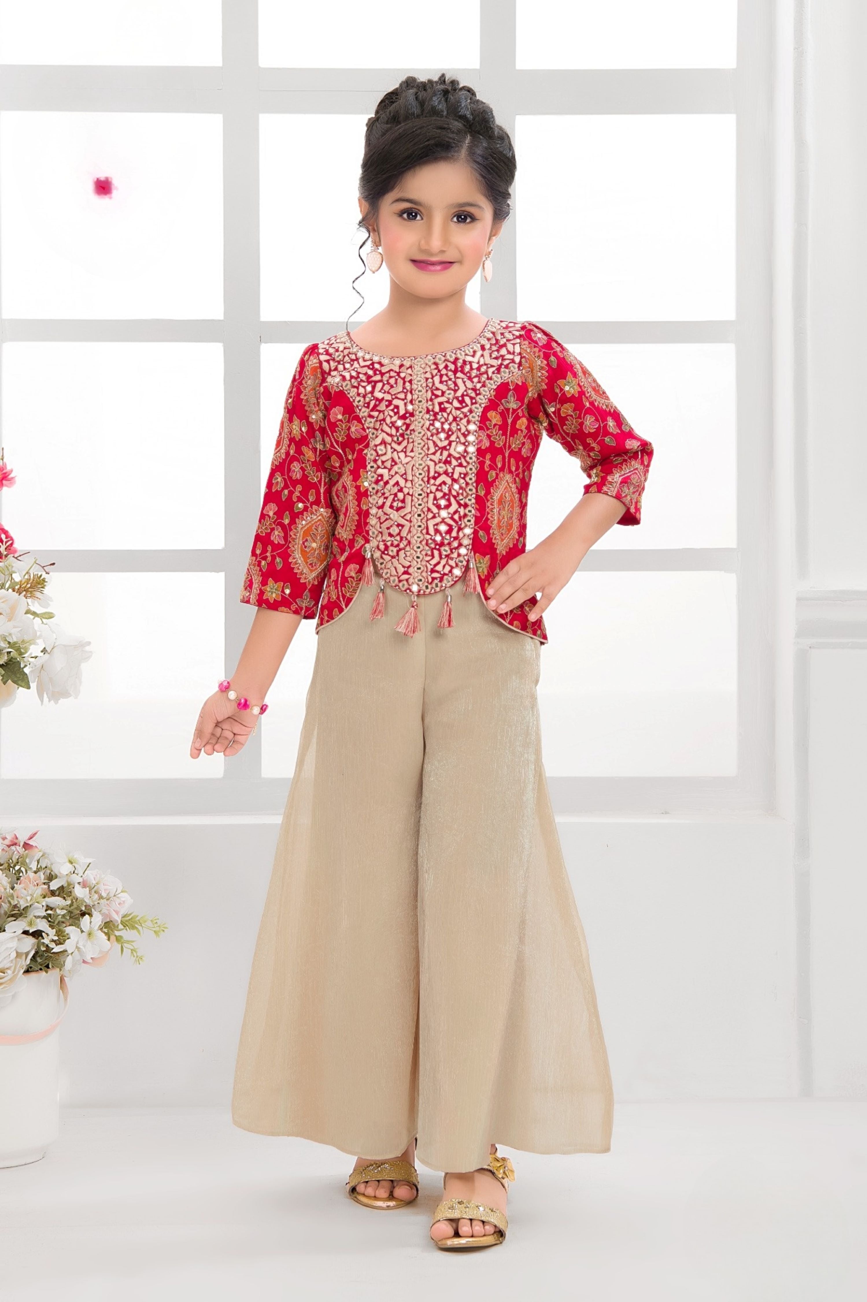 Rani Red & Beige Palazzo Set with Embroidered Jacket
