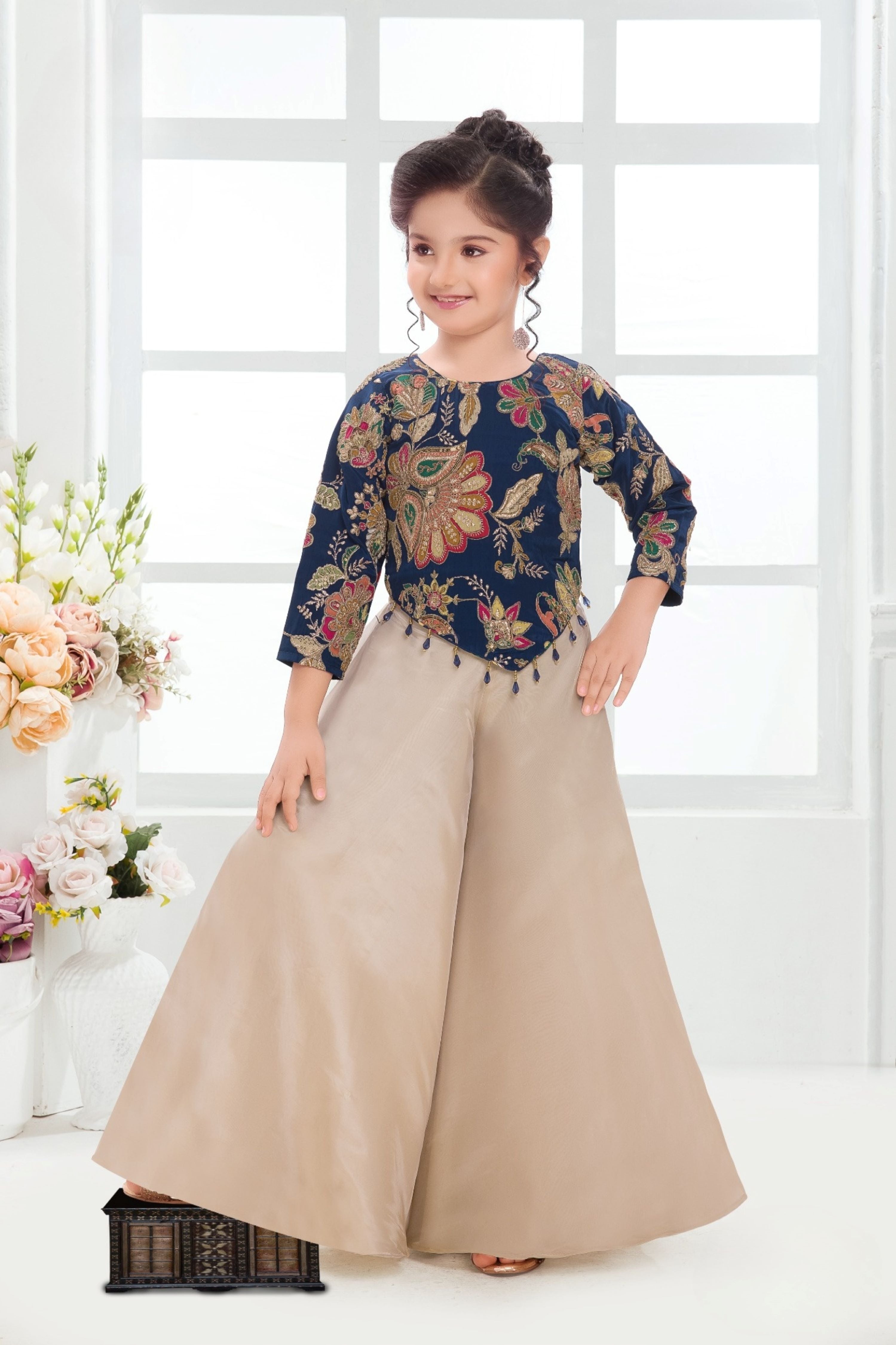 Blue & Beige Embroidered Palazzo Set