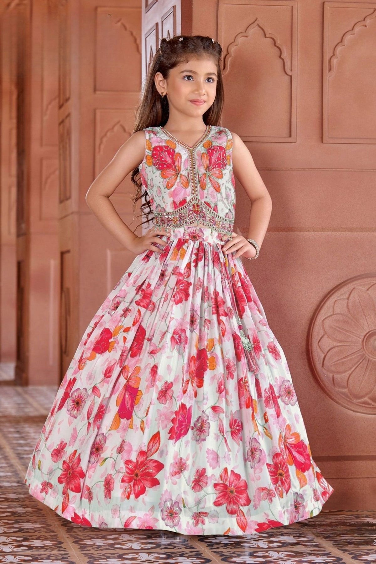 Cream Floral Lehenga with Butterfly & Red-Pink Flower Print