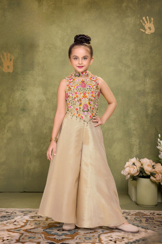 Cream Palazzo Set with Multicolour Embroidered Top
