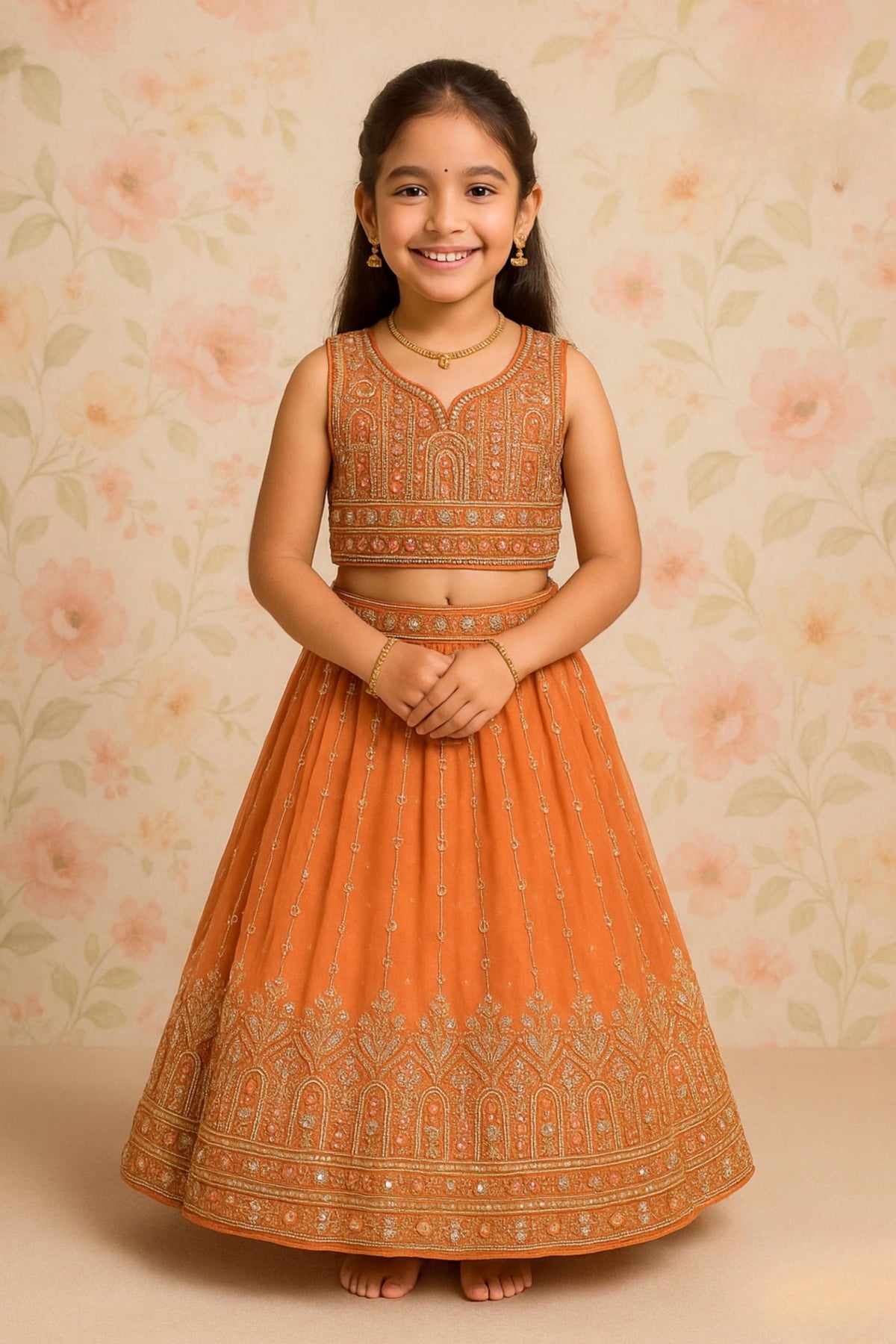 Rust Orange Embroidered Crop Top with Lehenga Set