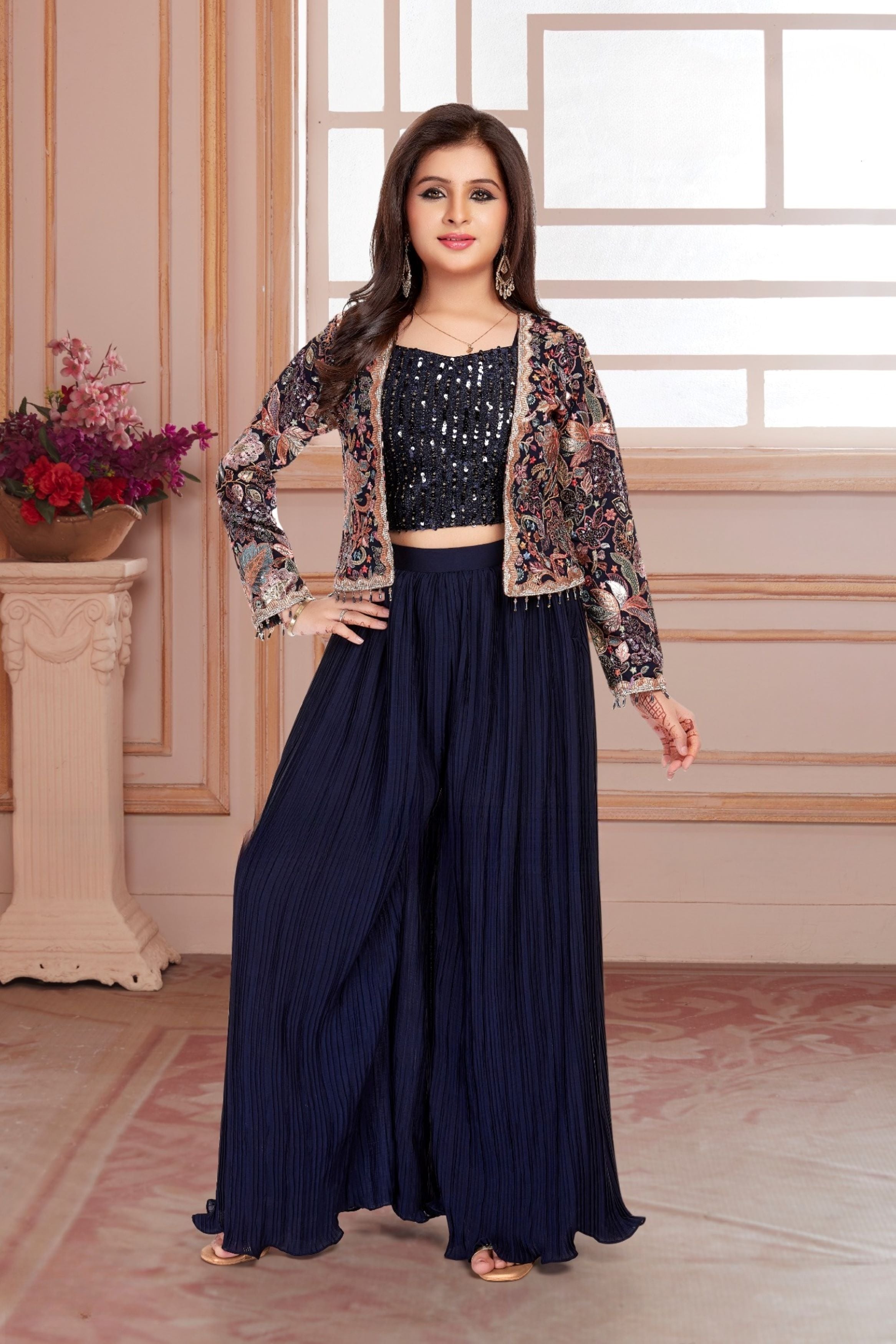 Navy Blue Sequin Palazzo Set with Embroidered Jacket