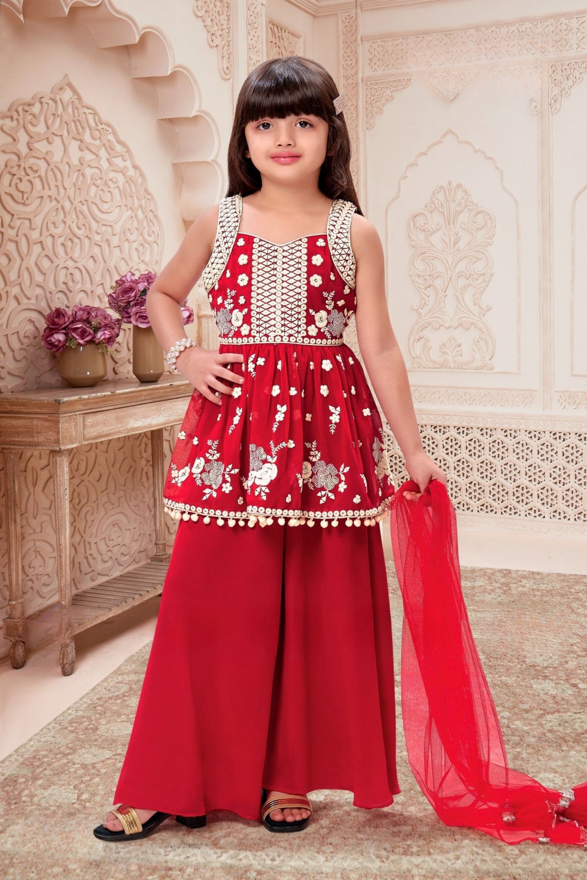 Red Embroidered Peplum Top with Palazzo & Dupatta