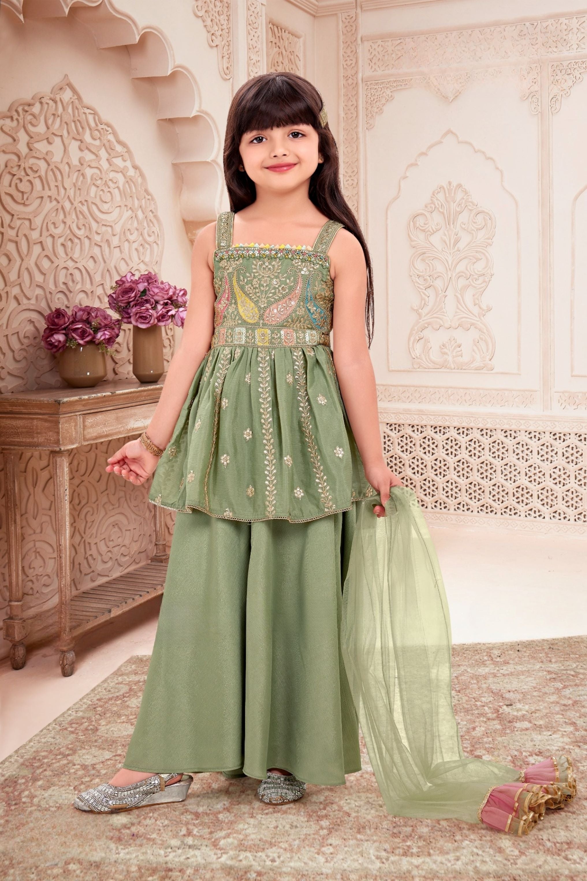 Pastel Green Embroidered Peplum Top with Palazzo & Dupatta