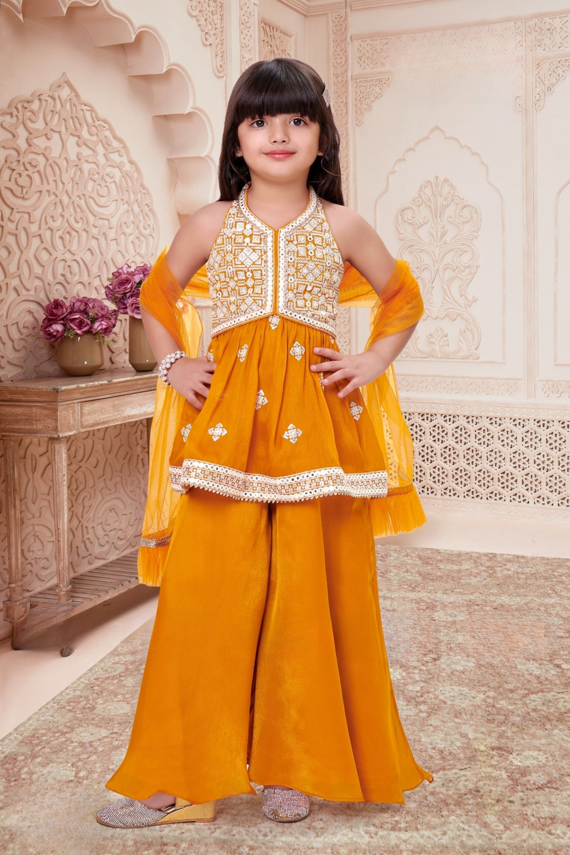 Mustard Yellow Mirror Work Kurti with Palazzo & Dupatta