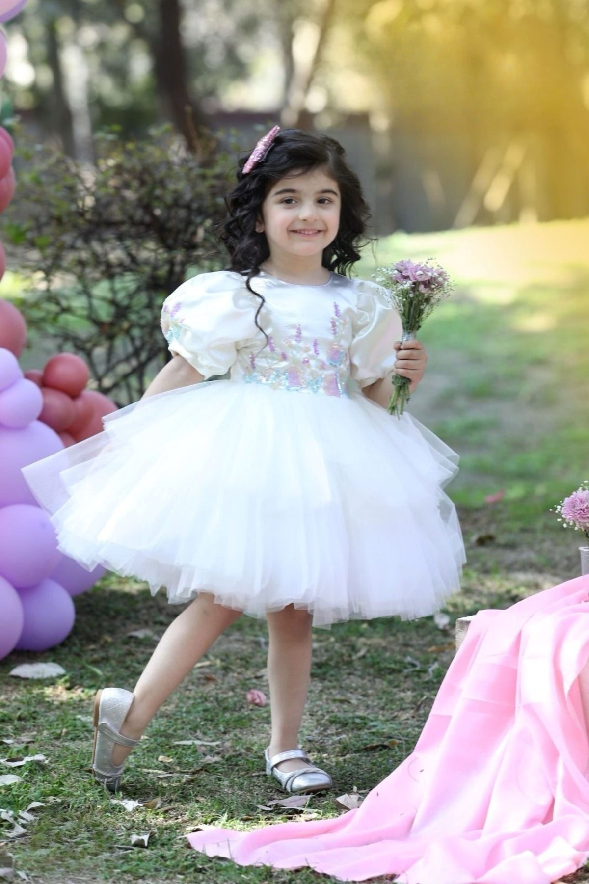 Cream Puffy Sleeves Short Frock with Sequin Embellishments