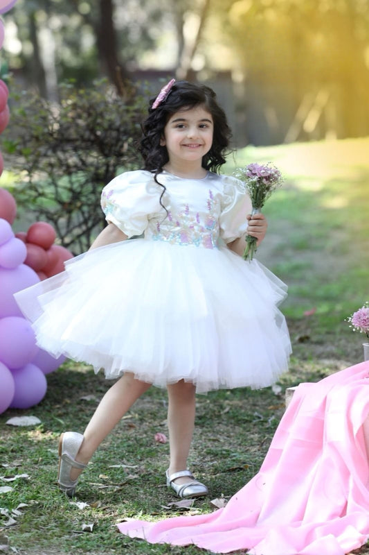 Cream Puffy Sleeves Short Frock with Sequin Embellishments