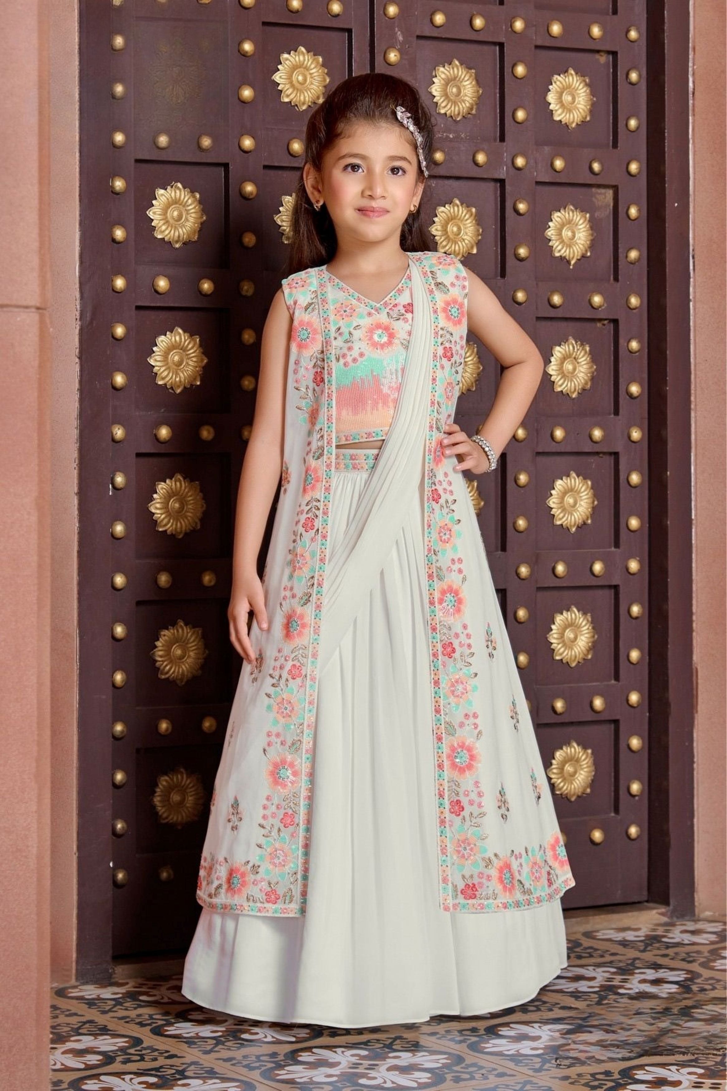Cream & Multicolour Floral Embroidered Jacket Style Lehenga Set