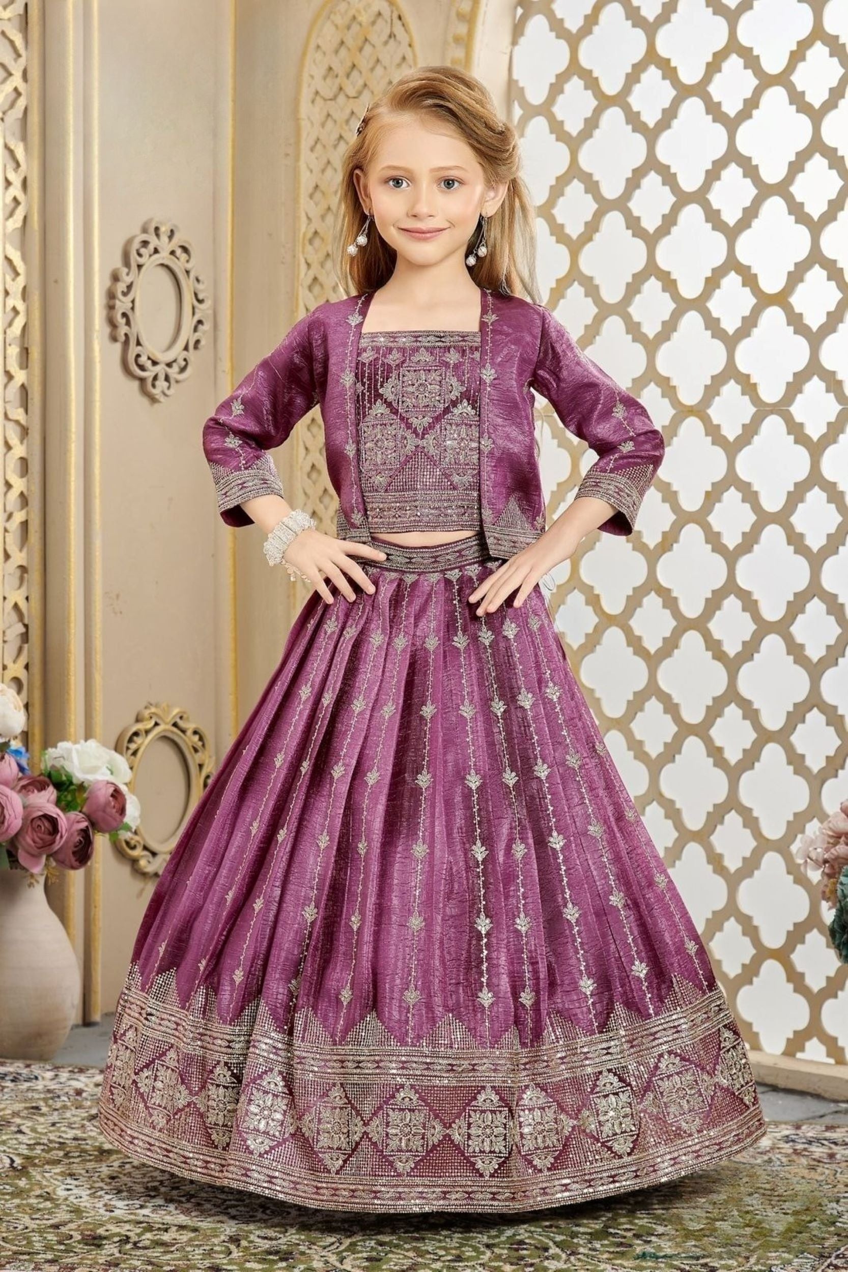 Wine Purple Embroidered Lehenga Set with Jacket