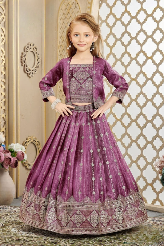 Wine Purple Embroidered Lehenga Set with Jacket