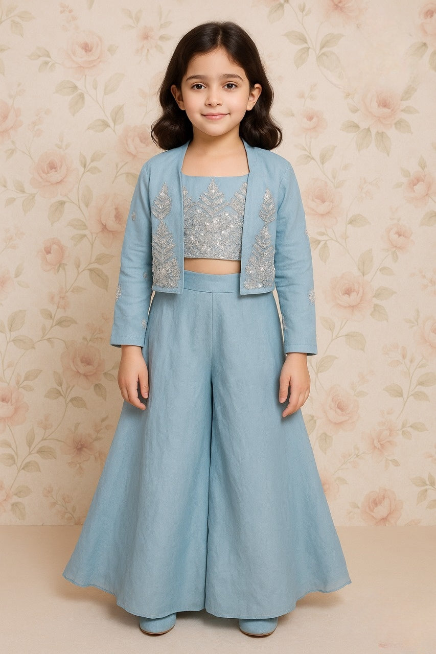 Sky Blue Embroidered Crop Top with Jacket & Palazzo Set