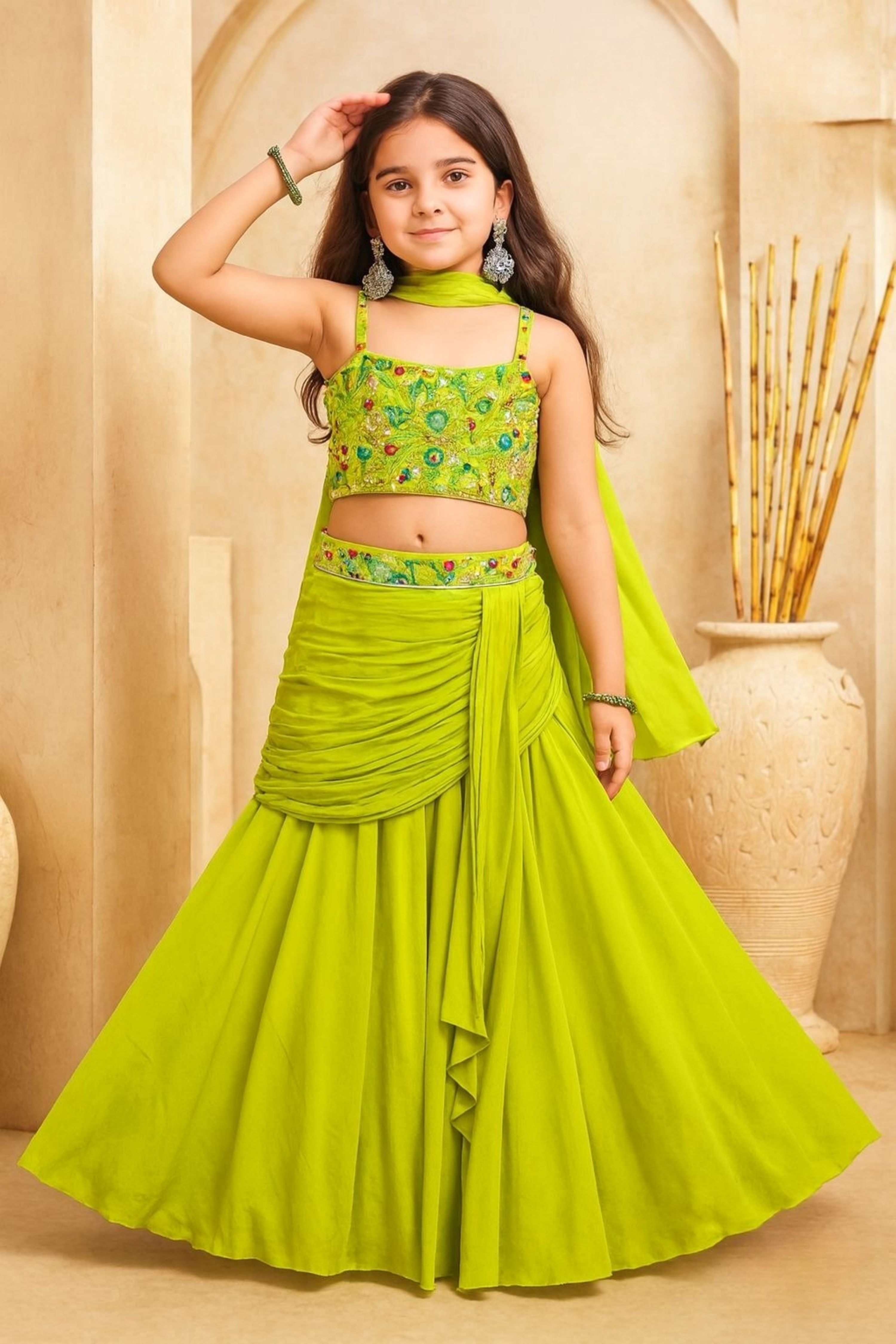 Lime Green Embroidered Crop Top & Draped Lehenga Set