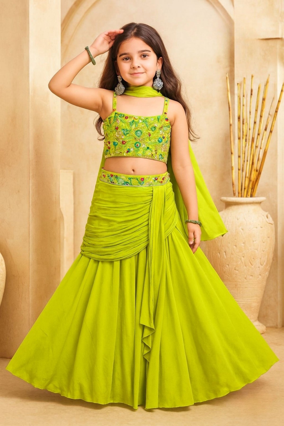 Lime Green Embroidered Crop Top & Draped Lehenga Set