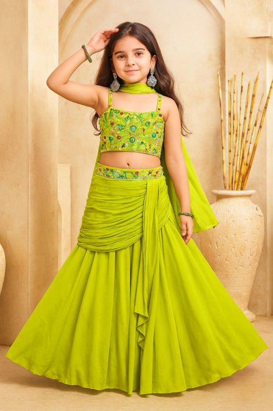 Lime Green Embroidered Crop Top & Draped Lehenga Set