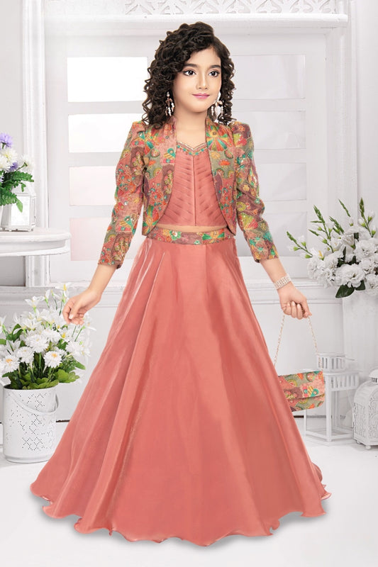 Rust Coral Embroidered Jacket & Lehenga Set