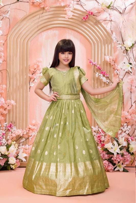 Olive Green Banarasi Silk Lehenga set with Attached Dupatta