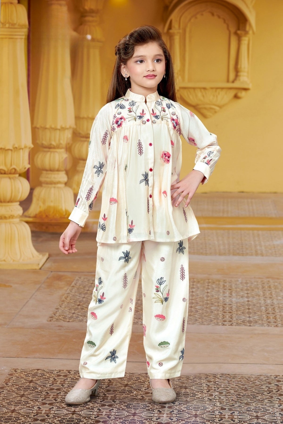 Ivory Floral Embroidered Co-ord Set with Mandarin Collar