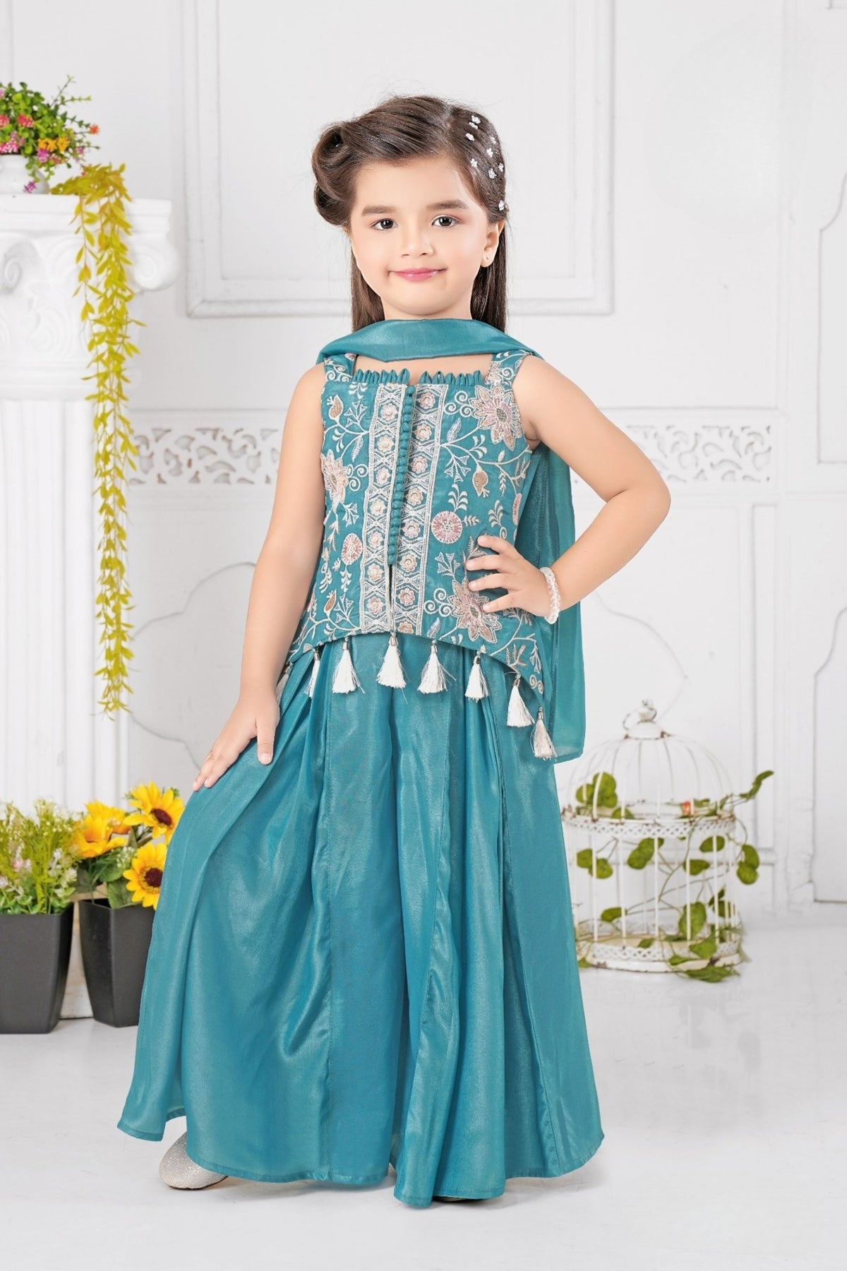 Teal Blue Embroidered Tassel Work Palazzo Sets